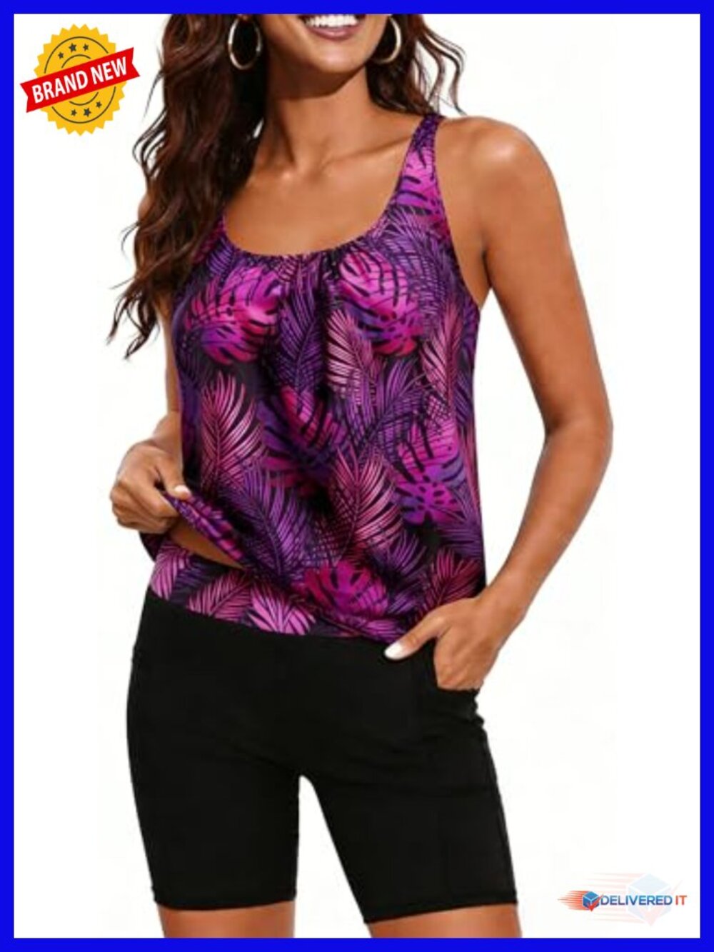 Womens Tankini with Shorts 2 Piece Swimsuit Blouson Boy-Leg with Pockets